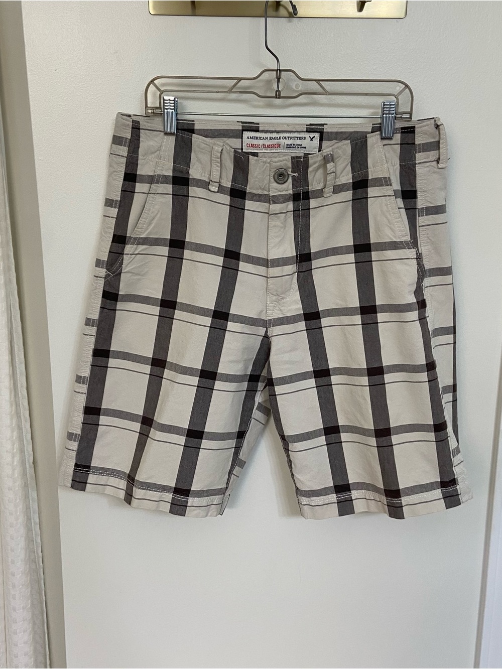American Eagle Men’s Plaid Shorts Size 32 Classic Cream Black Cotton AEO